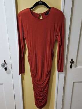 JLUXLABEL Rust Red Long-Sleeve Ruched Midi Dress